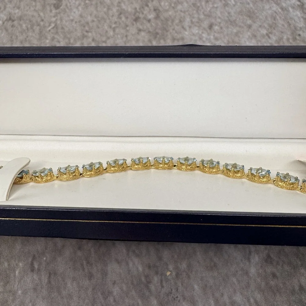 Vintage 18K Gold Vermeil 925 Sterling Silver Blue Topaz Tennis Bracelet 7.25